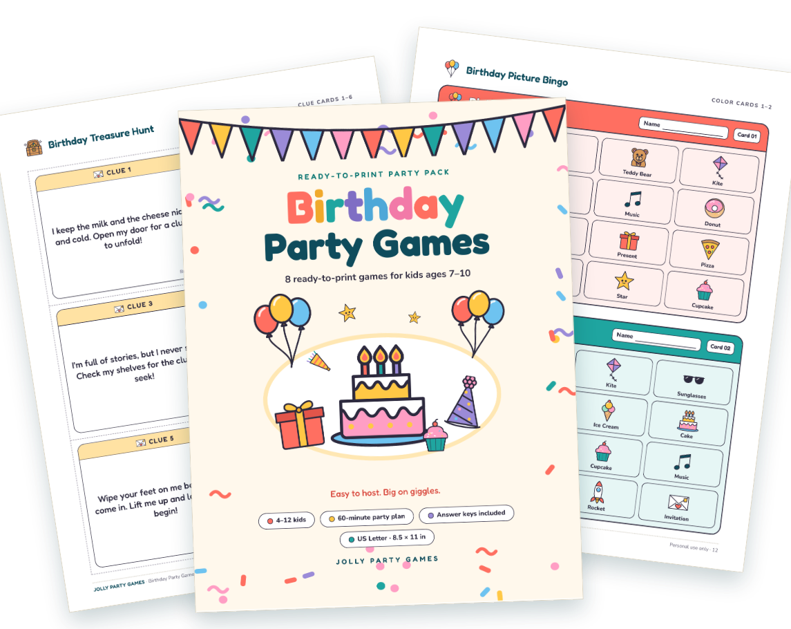 Pages from the printable Birthday Party Games: the colorful cover, treasure hunt clue cards and picture bingo cards