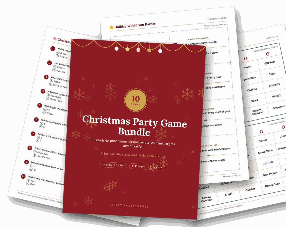 Preview of the printable Christmas party game pages: cover, trivia, would you rather and bingo cards