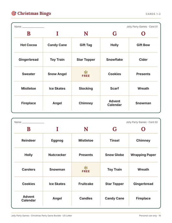 Two Christmas Bingo cards with the letters B, I, N, G, O on top and a free space in the middle