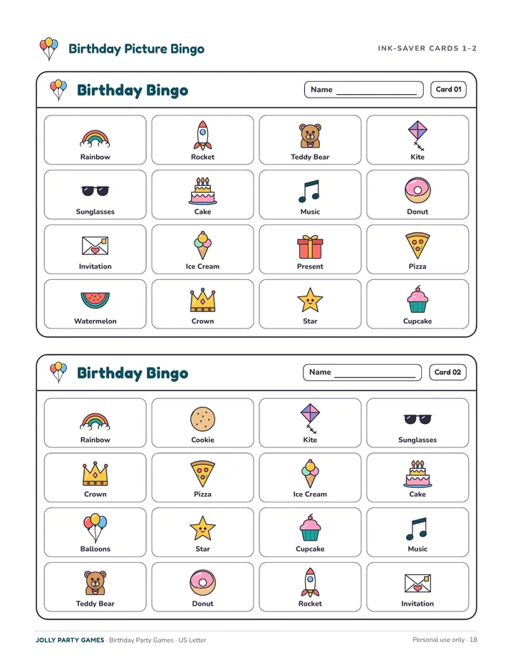 The same bingo cards in an ink-saver version with white squares