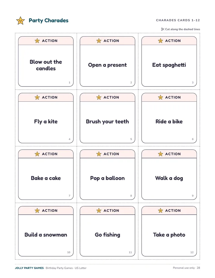 Twelve charades cards labeled action, animal or thing