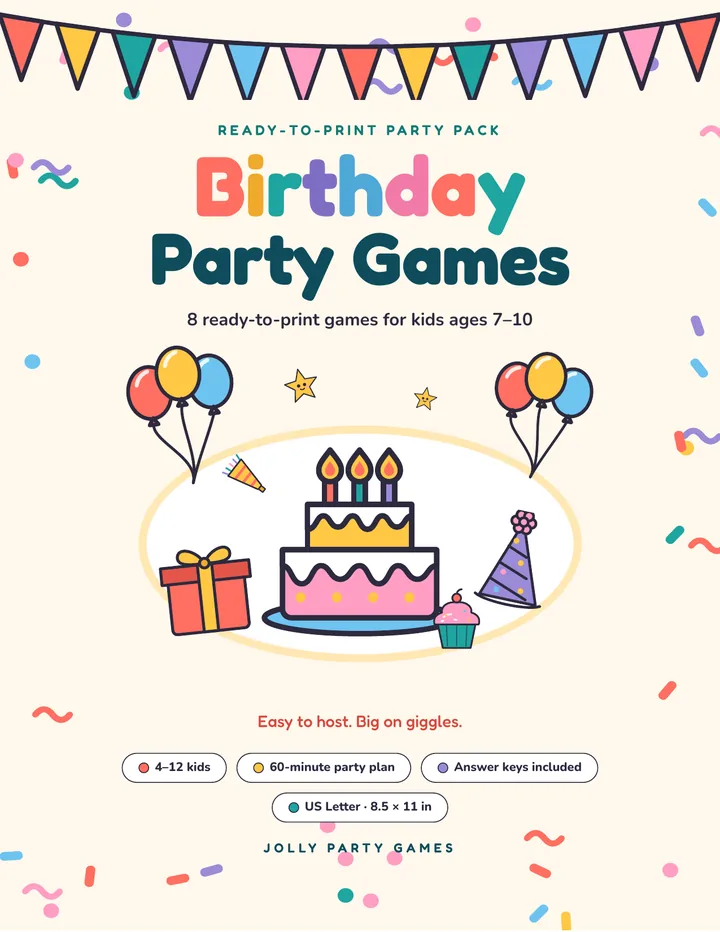 Cover of Birthday Party Games with balloons, a birthday cake and colorful bunting