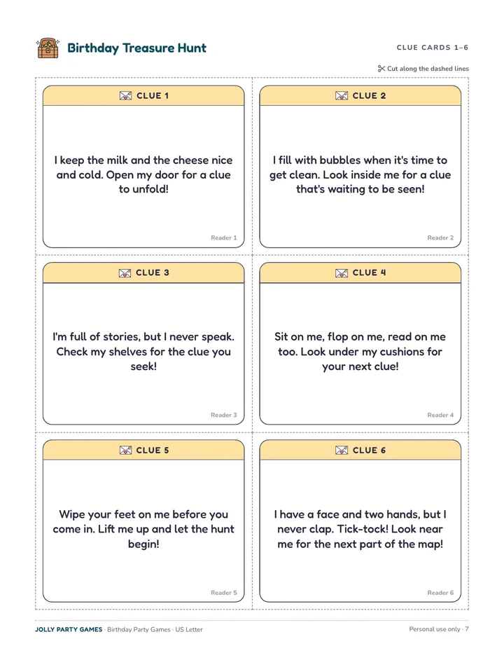 Six treasure hunt clue cards with short rhyming clues