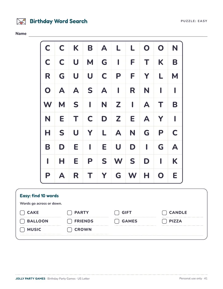 A birthday word search puzzle with a word list