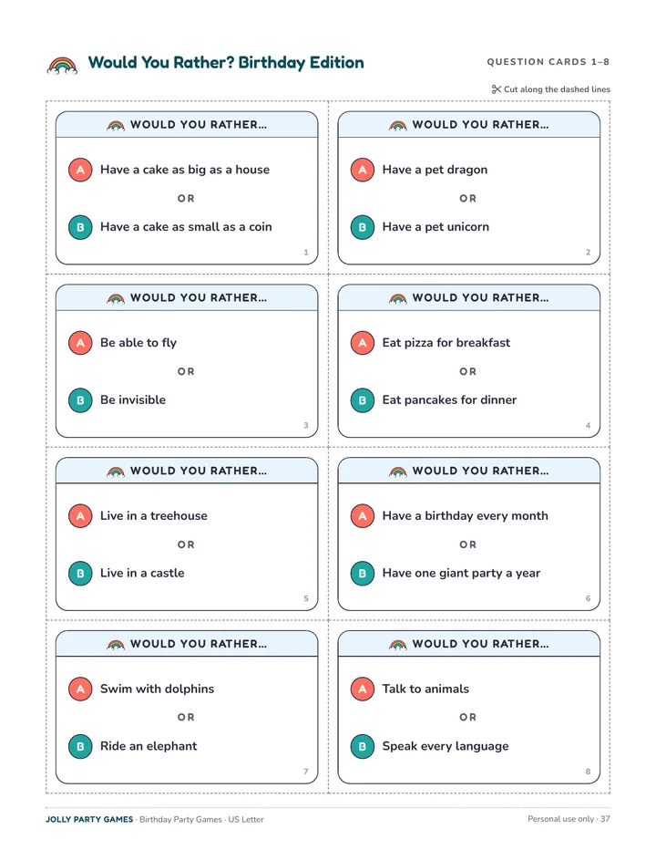 Would you rather question cards with option A and option B