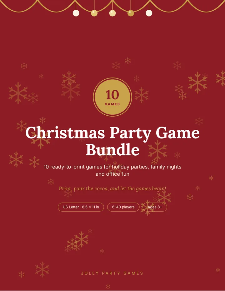 Cover page of the Christmas Party Game Bundle: red background with gold snowflakes and a badge saying 10 games