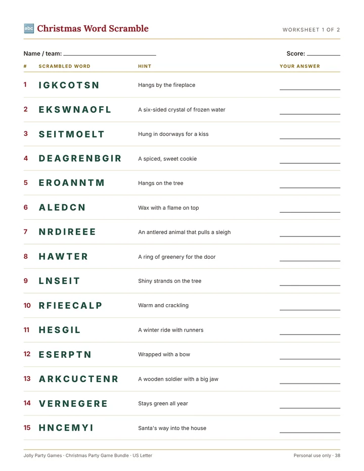 Word scramble worksheet with scrambled Christmas words, hints and answer lines