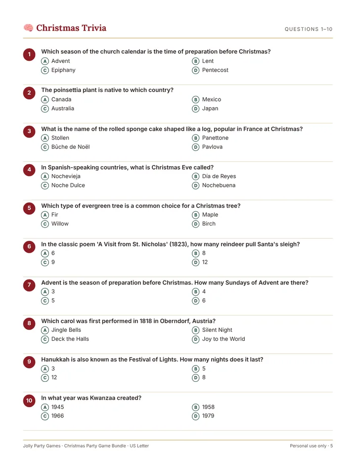 Christmas trivia question sheet with answer options A to D